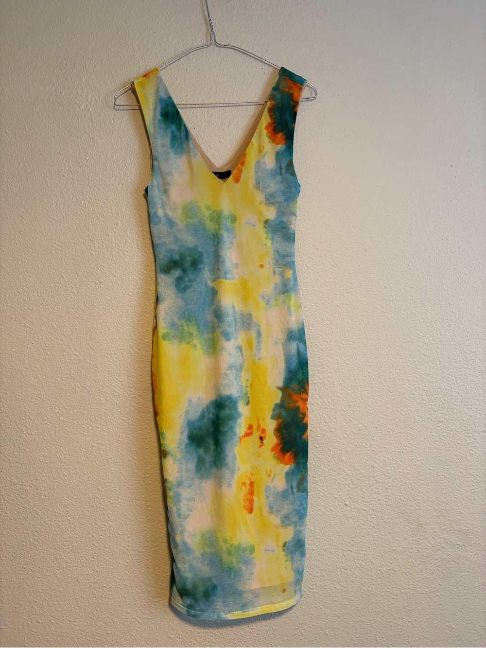 AFRM Yellow & Teal Tie-Dye V-Neck Midi Dress